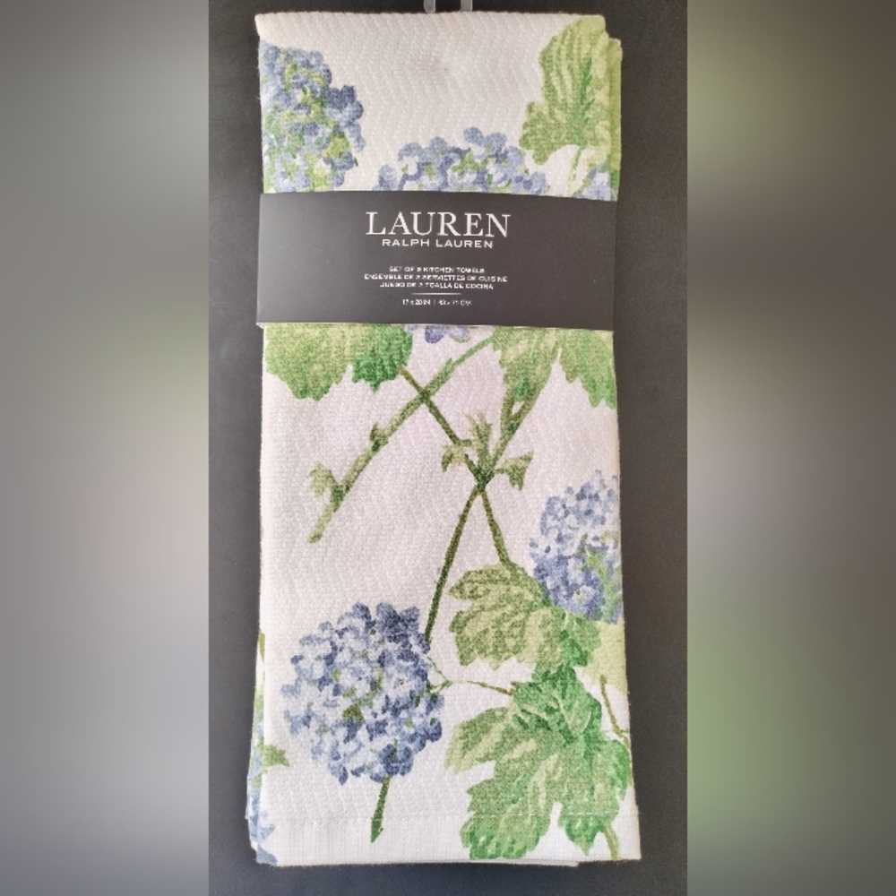 Ralph Lauren Kitchen Towel Set of 2 Blue Hydrangea Flowers 100% Cotton New